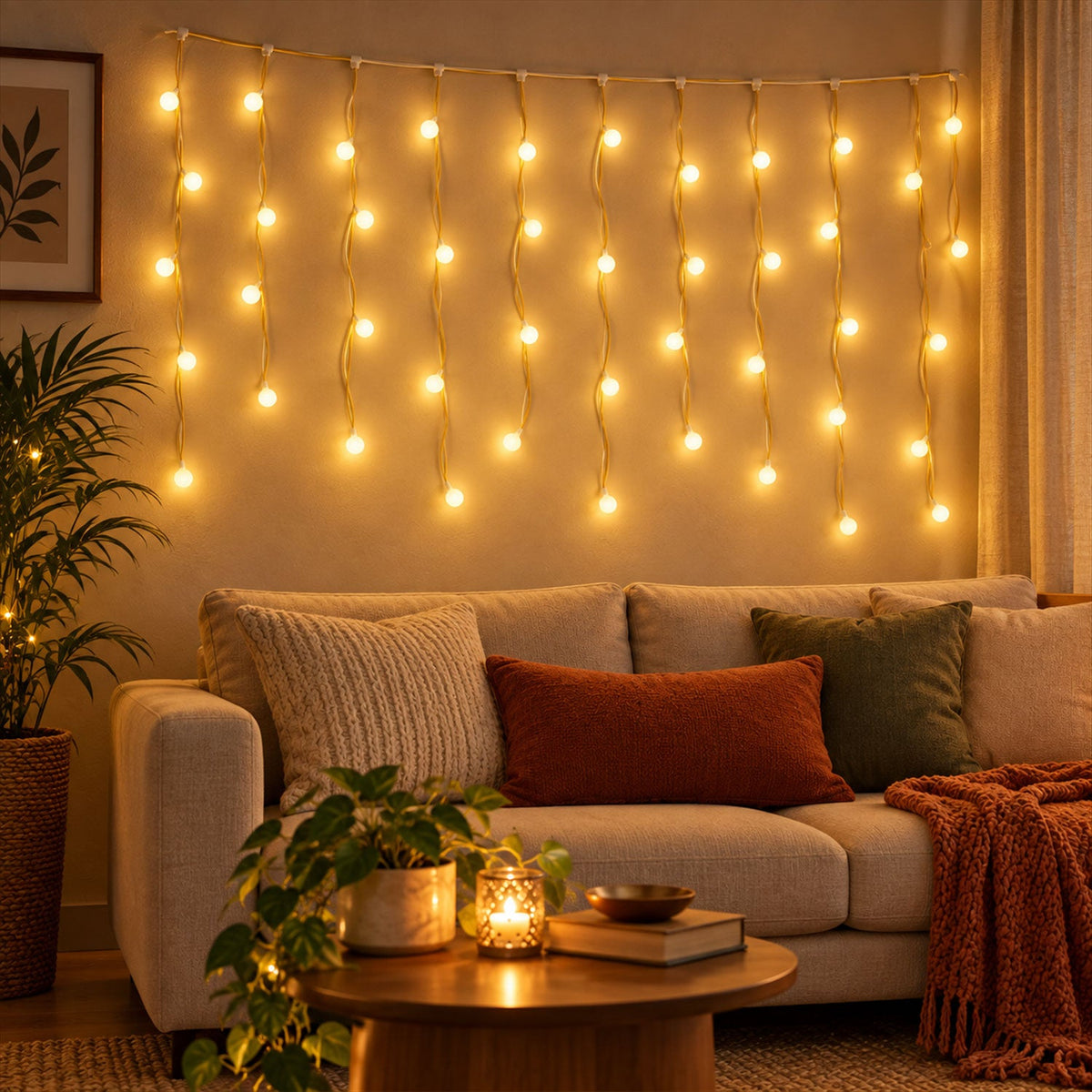 Warm White Bulb Curtain String Lights For Home Decoration (10 Mtr Approx)