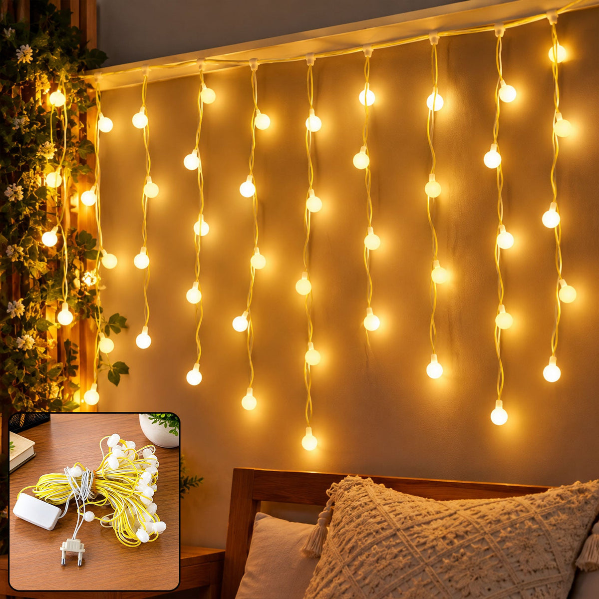 Warm White Bulb Curtain String Lights For Home Decoration (10 Mtr Approx)