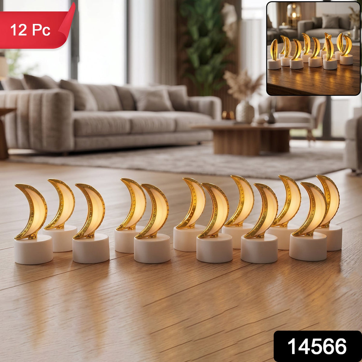 Moon Shape Led Tealight Candle Set Golden Crescent Warm Glow Light (12 Pc)